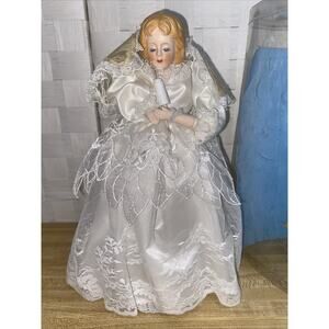 Light Up Angel Tree Topper Vintage Porcelain Head Hands Lace Wings 11.5”